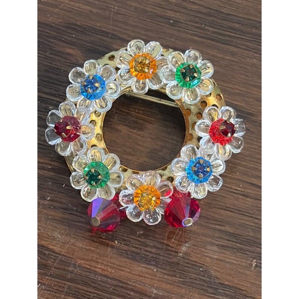 Vintage Floral Rhinestone Circle Brooch With Colorful Iridescent Flowers & Red B